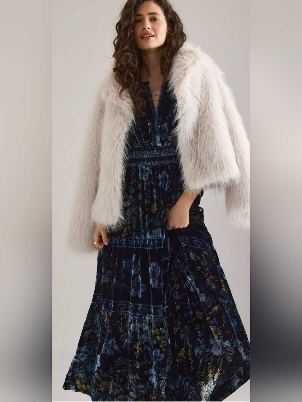 Anthropologie Navy Velvet Floral Dress with Ivory Drawstring Detail